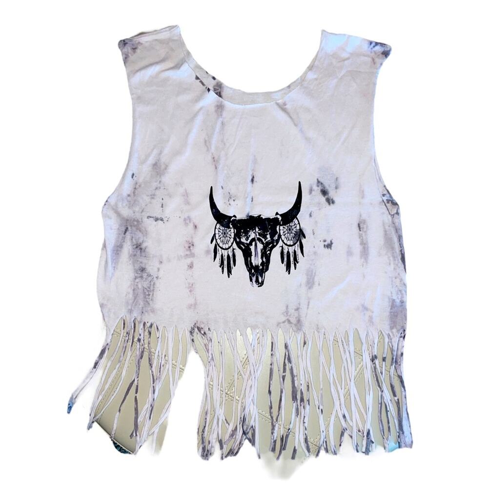 Festival Style Upcycled Steer Skull Fringed Crop Tank Top Medium